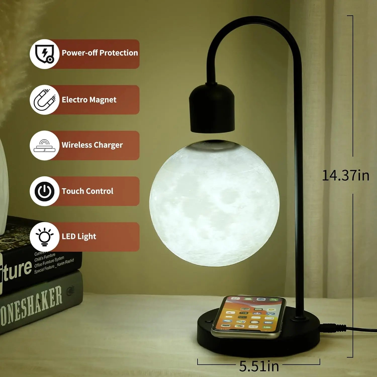 Levitating Moon Lamp with Qi Charger & Warm LED Light for Home & Office
