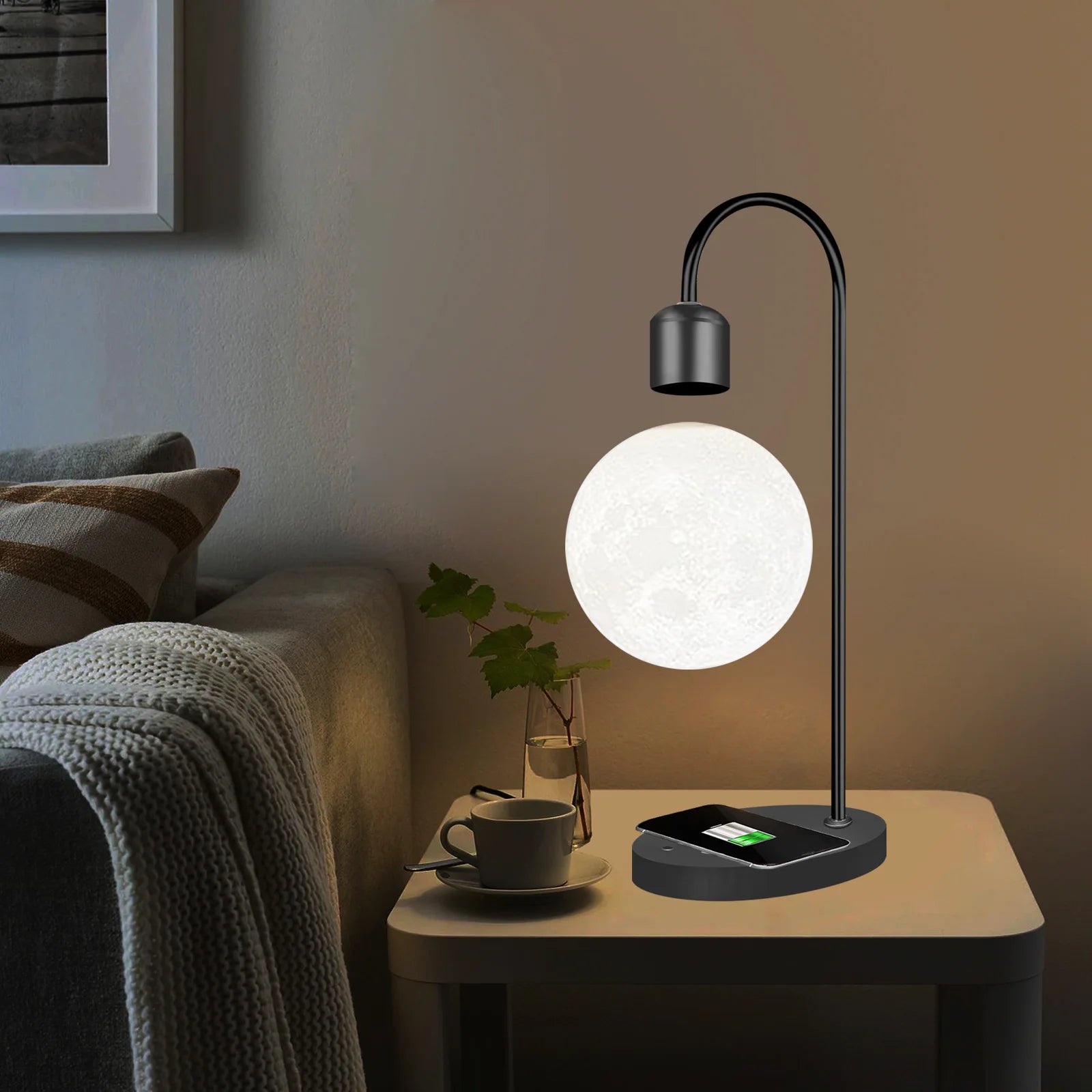 Levitating Moon Lamp with Qi Charger & Warm LED Light for Home & Office