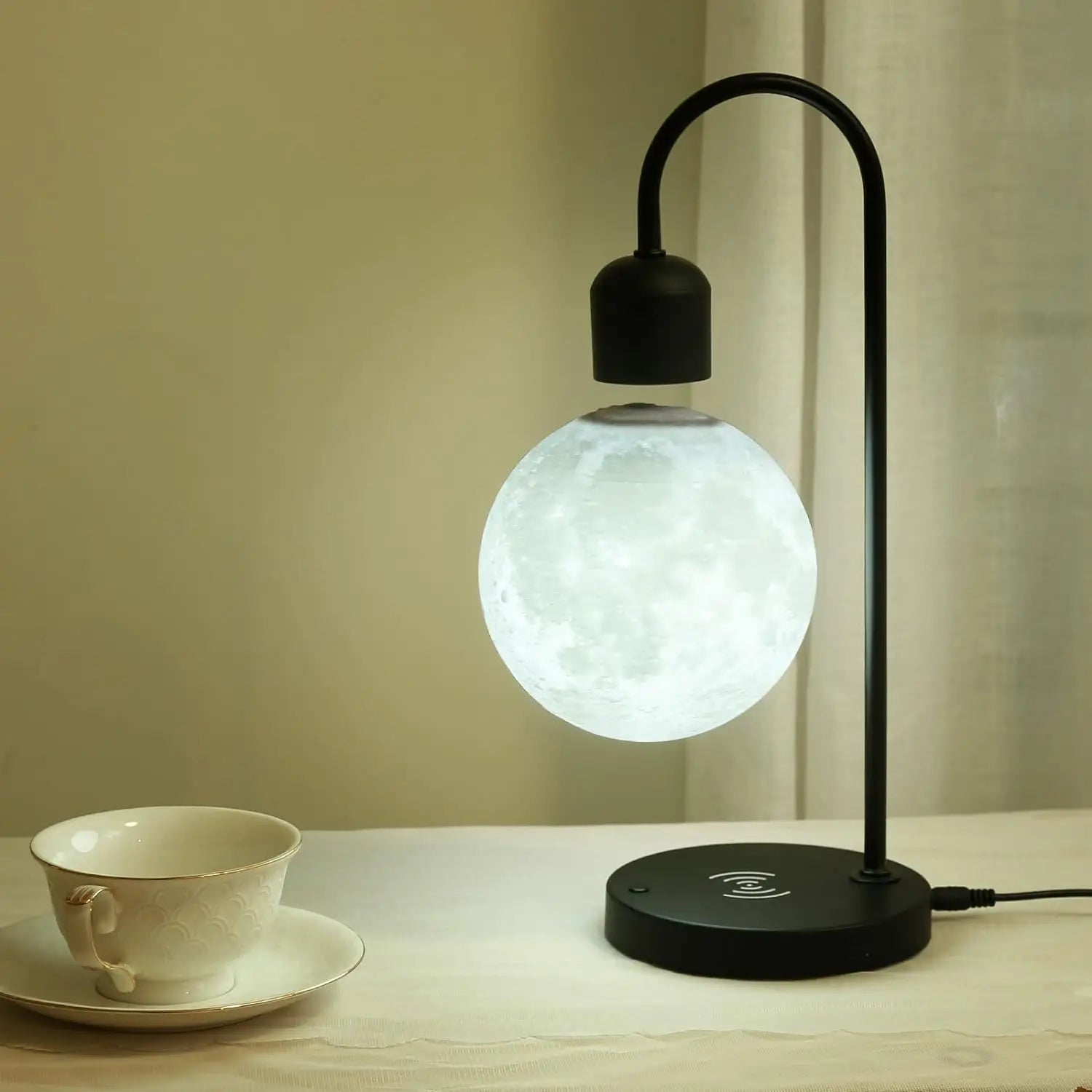 Levitating Moon Lamp with Qi Charger & Warm LED Light for Home & Office